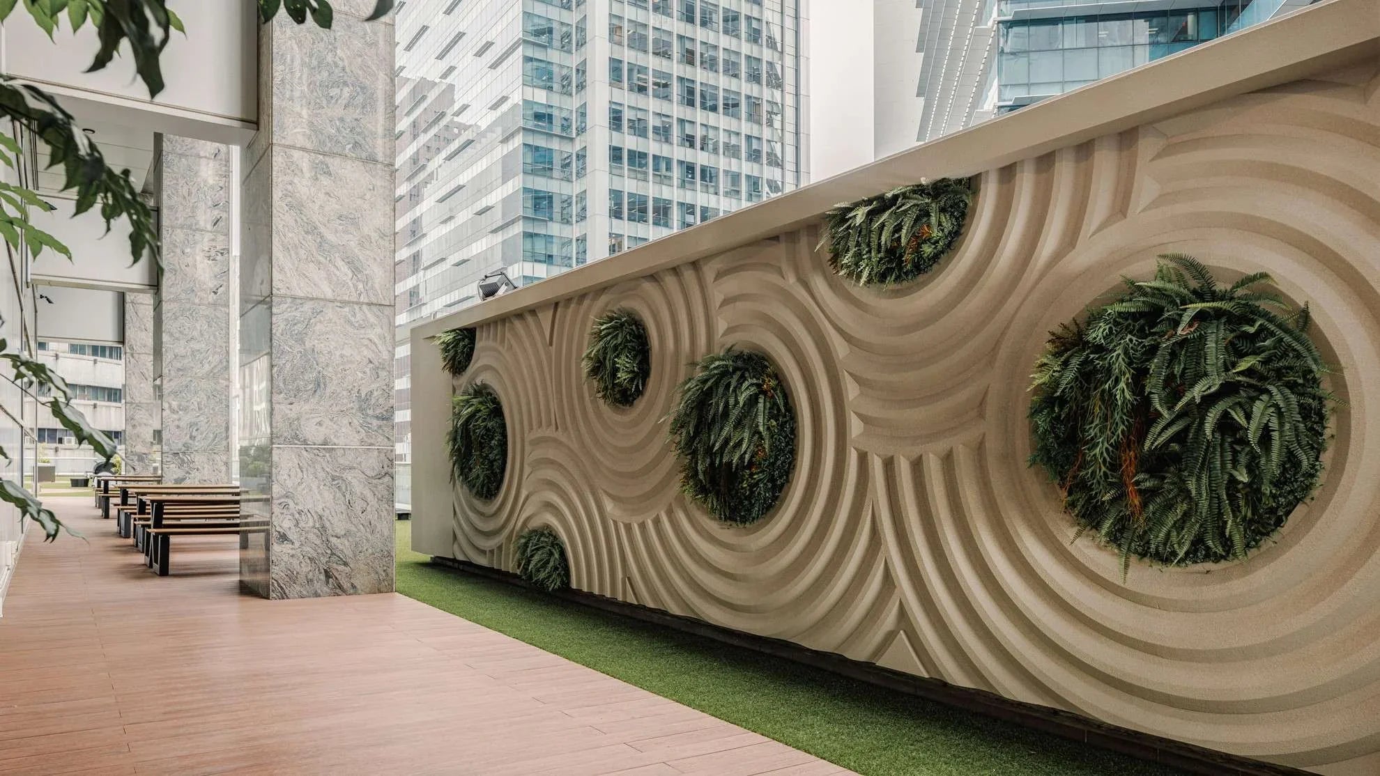 Biophilic office entrance and reception design — lobby with living plants, Netherlands