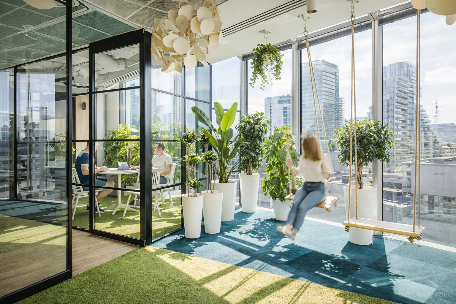 Biophilic focus area office design — acoustic pods with natural materials, Netherlands
